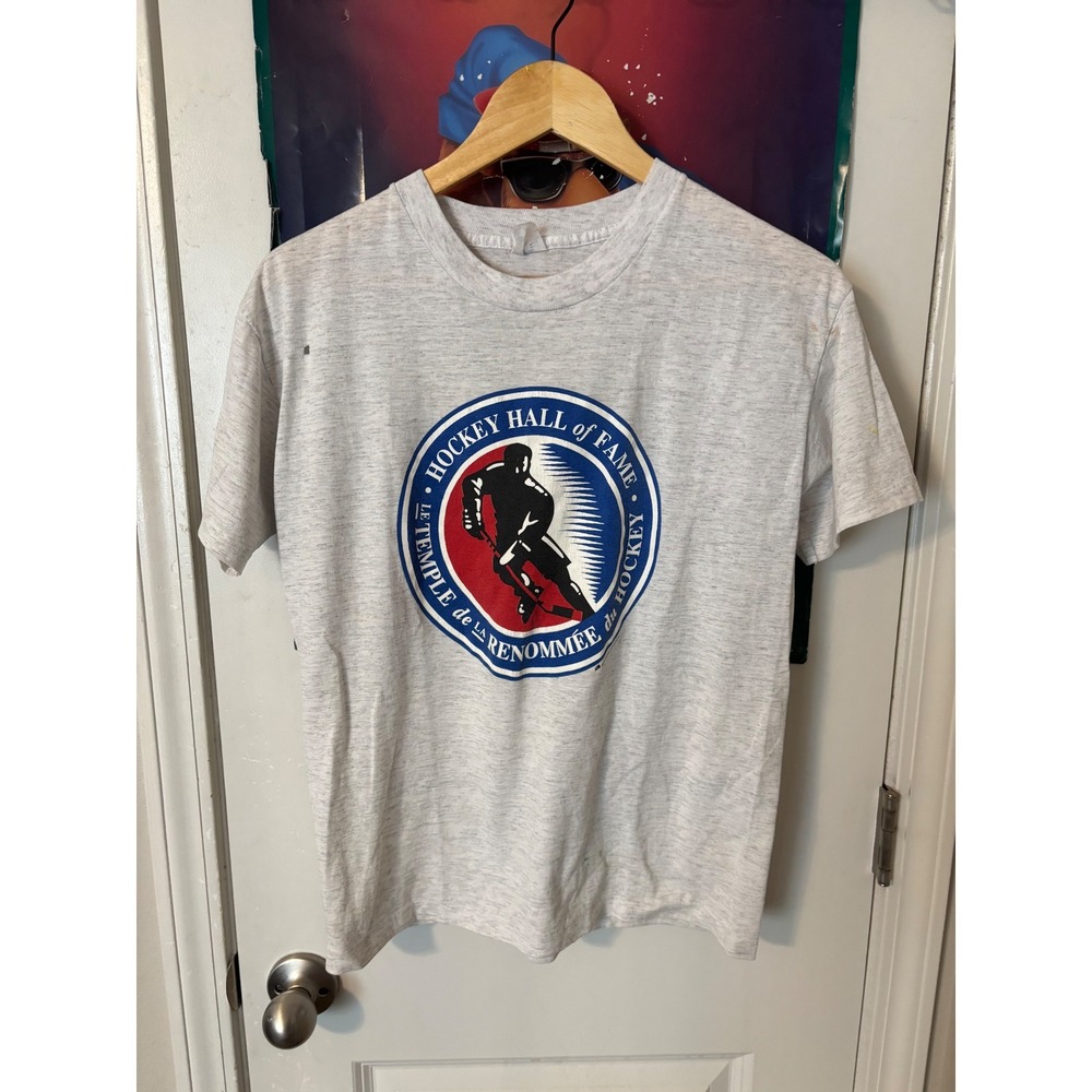 Vintage Hockey Hall of Fame Bulletin Athletic Grey Heather Graphic T-Shirt Mens